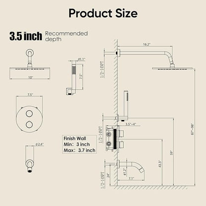 Gabrylly Thermostatic Shower System with Tub Spout, All Metal Bathtub Shower Faucets Set with Anti Scald Shower Valve, High Pressure 10" Rain Shower head with Handheld Spray Combo, Matte Black