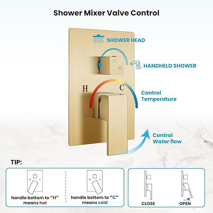 gotonovo Rainfall Bathroom Shower System Rain Shower Head and Handle Set Wall Mounted Shower Complete Combo Solid Brass Pressure Balancing Shower Mixer Valve 8 Inch Brushed Gold