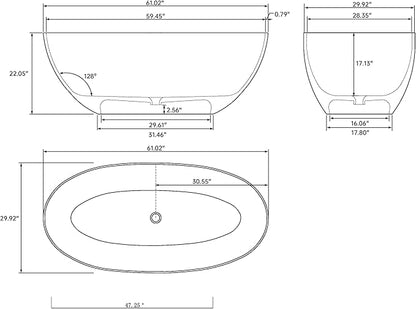 Stone Resin Freestanding Bathtub 61", Elegant Oval Shape Soaking Tub, Solid Surface Stand Alone Bathtub with Drain & Integrated Slotted Overflow Transparent Blue AMFS303-1550-TPBLUE