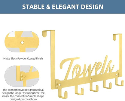 Over The Door Hooks - Heavy Duty Towel Rack with 5 Coat Hooks for Bedroom Kitchen, Gold Bathroom Decor