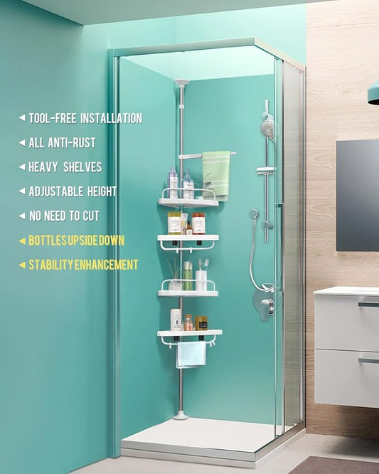 ADOVEL 4 Layer Corner Shower Caddy, Adjustable Shower Shelf, Constant Tension Stainless Steel Pole Organizer, Rustproof 3.3 to 9.8ft