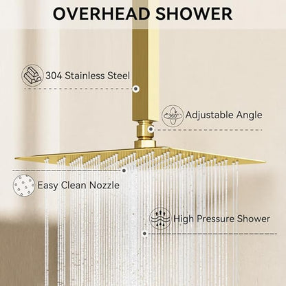 Brushed Gold Shower System, STARBATH Ceiling Mounted 10+6 Inch Rainfall Shower Head with 2 in 1 High Pressure Handhled, Can Use All at Once, Push Button Diverter Thermostatic Valve with Trim Kit