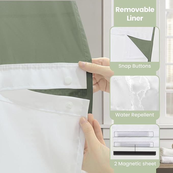 Inhousolu Stall No Hook Shower Curtain with Snap in Fabric Liner Set Waffle Weave 230GSM Weighted Hem, Waterproof & Washable Bathroom Curtain Spa Luxury with Mesh Top Window 60" W x 72" L Sage Green
