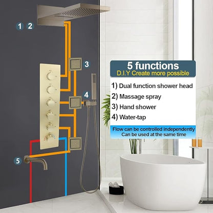 HOMEDEC Multi Function Shower Diverter Valve with Trim, 5 Port Concealed Brass Thermostatic Mixer Shower Control Valve Kit Replacement(5-Way, Brushed Gold)