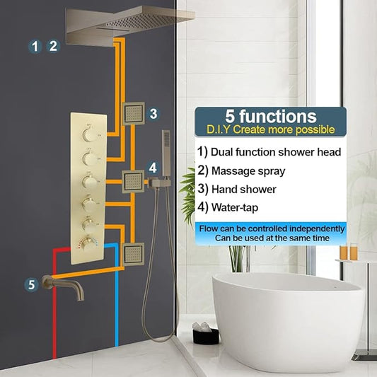 HOMEDEC Multi Function Shower Diverter Valve with Trim, 5 Port Concealed Brass Thermostatic Mixer Shower Control Valve Kit Replacement(5-Way, Brushed Gold)