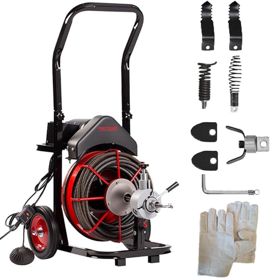 100FT x 1/2 inch Electric Drain Washer, Sewer Spiral Automatic Feed Portable Sewer Snake, Automatic Feed Drain Snake Drill on Wheels with 5 Knives and Air Activated Foot Switch for 4 "to 8" Pipe