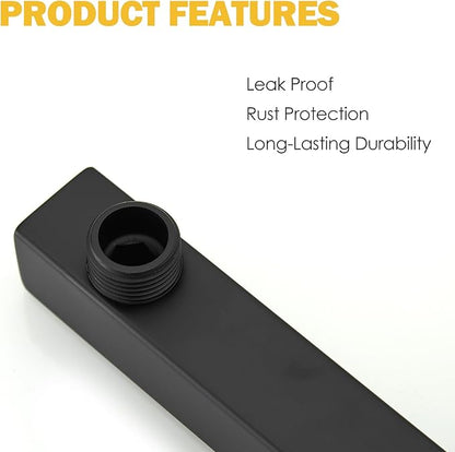 BESy 20 Inches Straight Extended Shower Arm With Flange, Rain Shower Head Extension Arms, Square Rod Head Extender Shower Pipe Extension, Wall-Mounted Matte Black Stainless Steel