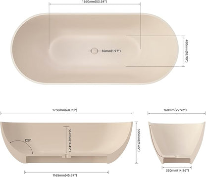 69" Premium Cream Stone Resin Solid Surface Free Standing Bathtub, Unique Matte Milk-Coffee Soaking Tub with Pop-up Drain