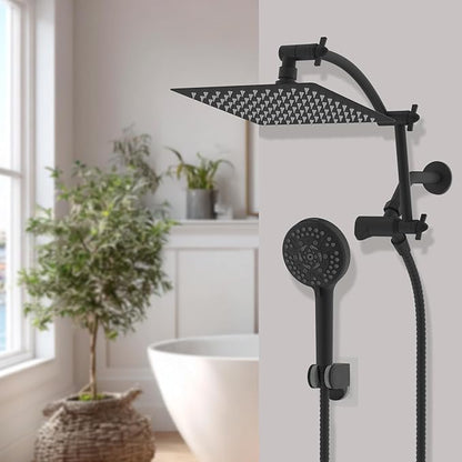 Hibbent All Metal Shower Head, 8'' High Pressure Rain Shower Head/Handheld Showerhead Combo with 16'' Adjustable Arc-shaped Extension Arm, 10 Sprays, 71'' Hose, Showerhead Holder, Matte Black