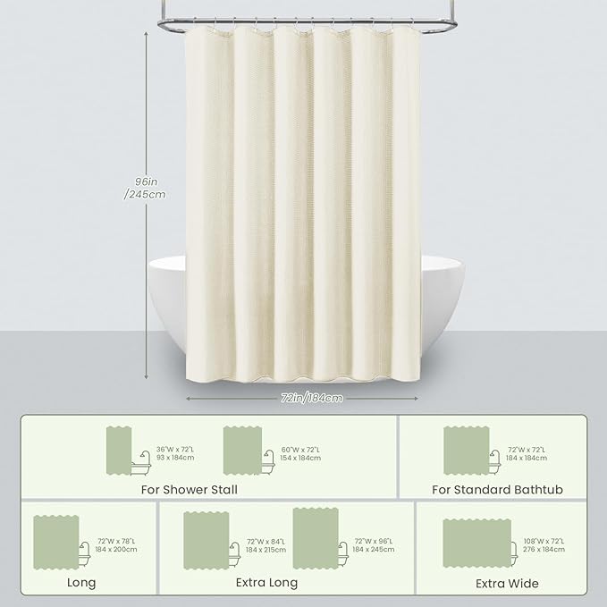 Inhousolu Fabric Shower Curtain Waffle Weave, 230 GSM Heavy Duty, Weighted Hem, 14 Metal Hooks, Water Repellent, Machine Washable, Hotel Spa Luxury Bath Curtain Set, 72 x 96 Inch, Ivory
