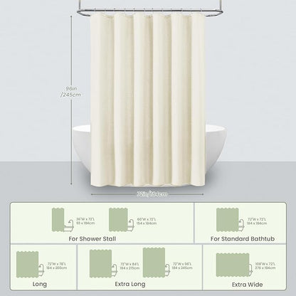 Inhousolu Fabric Shower Curtain Waffle Weave, 230 GSM Heavy Duty, Weighted Hem, 14 Metal Hooks, Water Repellent, Machine Washable, Hotel Spa Luxury Bath Curtain Set, 72 x 96 Inch, Ivory