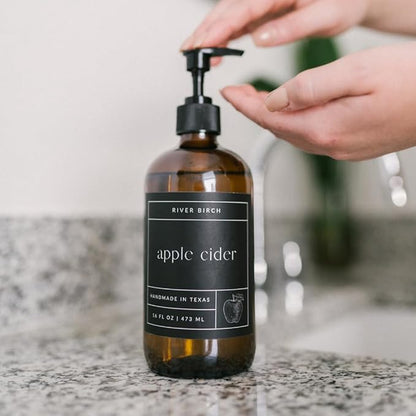 River Birch Apple Cider Scented Natural Hand Soap - Handmade Soap - Moisturizing Hand Wash with Amber Glass Dispenser - Luxury Scented Hydrating Hand Soap - Vegan and Non-Toxic - 16 Fl Oz