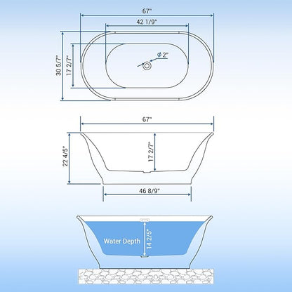Freestanding Bath Tub 67 Inch Acrylic Oval Soaking Tub – Extra Large Freestanding Bathtub with Chrome Drain & Overflow, Stand Alone Tub for Home Spa, Deep Free Standing Soaking Tub for Relaxation