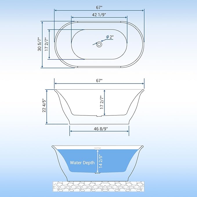 Freestanding Bathtub 67 Inch Acrylic Soaking Tub – Gray Exterior White Interior Oval Free Standing Tub with Chrome Drain & Overflow for Modern Bathrooms