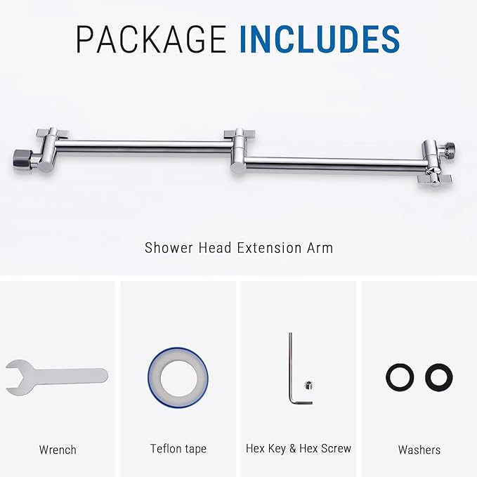 G-Promise 18 Inch Shower Head Extension Arm, Solid Brass Height & Angle Adjustable Extender, Rise or Lower Rainfall and Fixed Shower Head (Chrome)