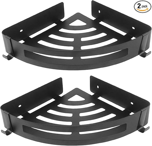 NearMoon Bathroom Shower Caddy 2 Pack, No Drill 304 Stainless Steel Shower Organizer with 2 Hooks (Corner Shelf, Matte Black)