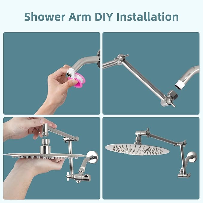 iFealClear All Metal 16" Shower Head Extension Arm, Solid Brass Shower Head Extender Adjustable Height Angle, G1/2 Universal Connection Stainless Steel Rain Showerhead Pipe, Lock Joint, Brushed Nickel