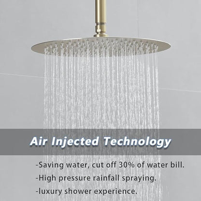 Brushed Gold Round Shower Faucet Set with Body Jets 16 Inch Shower Head Handheld Shower Combo Set High Pressure Ceiling Mount with Rough-in Valve