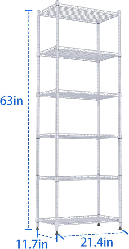 REGILLER 6 Wire Shelving Steel Storage Rack Adjustable Unit Shelves for Laundry Bathroom Kitchen Pantry Closet(Silver,11.7" D x 21.4" W x 63" H)