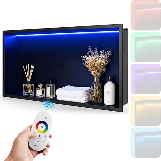 24" X 12" RGB LED Shower Niche No Tile Needed, 304 Stainless Steel Shower Niche Insert Tile Ready, Recessed Wall Shelf for Bathroom Storage Organizer with Remote Control, Matte Black