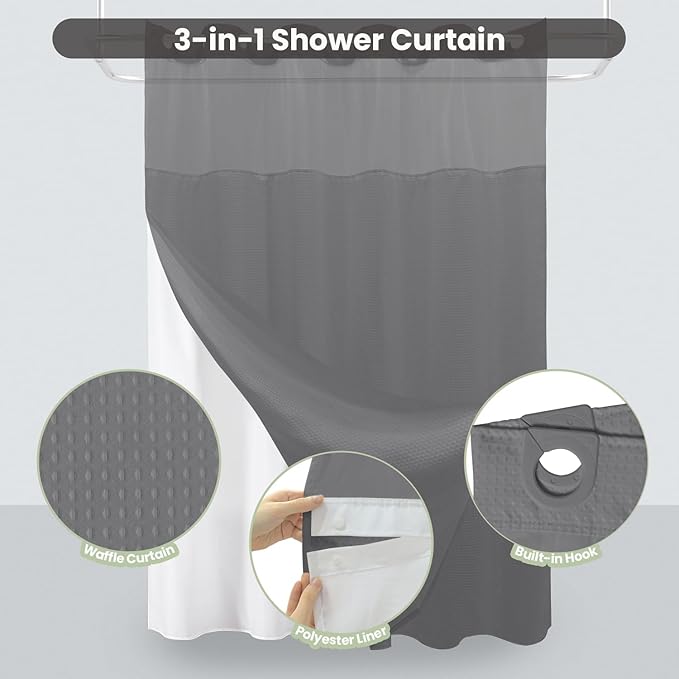 Inhousolu Long No Hook Shower Curtain with Snap in Fabric Liner Set Waffle Weave 230GSM Weighted Hem, Waterproof & Washable Bathroom Curtain Spa Luxury with Mesh Top Window 72" W x 78" L Grey