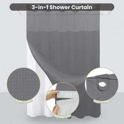 Inhousolu No Hook Shower Curtain with Snap in Fabric Liner Set Waffle Weave 230GSM Weighted Hem, Waterproof & Washable Bathroom Curtain Spa Luxury with Mesh Top Window 72" W x 72" L Grey