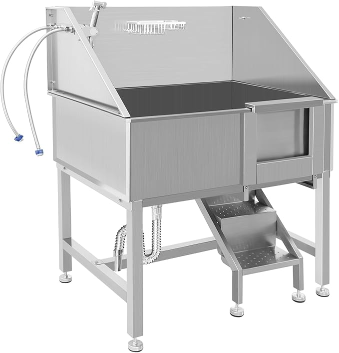 38 Inch Professional Dog Wash Station, Stainless Steel Dog Grooming Tub for Large, Medium & Small Pets - with Anti-Slip Stairs, Drain & Door, Silver