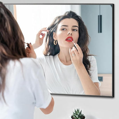 28x28 Inch Black Bathroom Mirror, Copper-Free Aluminum Alloy Frame Vanity Mirror, Rectangle Wall Mounted Modern Mirror for Bedroom/Living Room/Porch Horizontal or Vertical