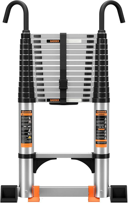 Telescoping Ladder,13.5FT Aluminum Multi-Purpose Collapsible Ladder with Stabilizers and Hooks,Jiashche Portable Extension Ladder for RV or Outdoor Work Silver,330lb Max Capacity