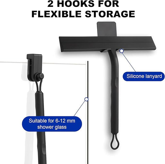 Shower Squeegee for Glass Doors, 8.5" Slicone Squeegee for Shower Glass Door, Black Shower Squeegee for Shower Doors Windows Mirrors Cars Cleaning, Shower Door Squeegee with 2 Hooks