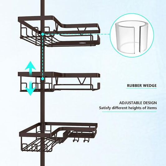 Corner Shower Caddy Tension Pole - Adjustable 4-Tier Shower Shelf Stainless Steel Corner Tension Rod Bathroom Organizer Shampoo Holder with Soap Holders & Hooks for Bath, Tub, Floor Space Saving