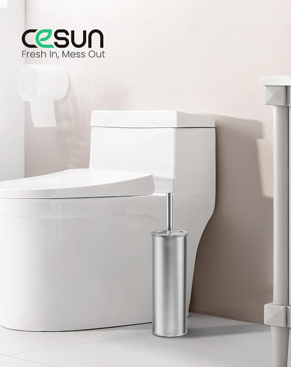 Cesun Toilet Brush and Holder Set - Curved Design Toilet Brush for Deep Cleaning Under Rim, 304 Stainless Steel Toilet Bowl Brush and Holder for Bathroom, Rv, Silver(2 Replaceable Brush Head Included)