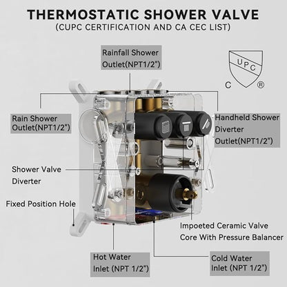 Thermostatic Shower Systems Matte Black Shower Faucets Sets, STARBATH 12+ 8" Wall Mount Rain Shower and 2 in 1 Handhled, Can Use All at Once, Push Button 3 Modes Valve and Trim Kit Complete Shower Set