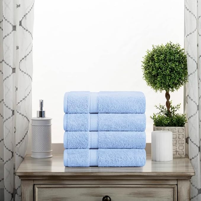 Superior Egyptian Cotton Pile Hand Towel Set of 4, Ultra Soft Luxury Towels, Thick Plush Essentials, Absorbent Heavyweight, Guest Bath, Hotel, Spa, Home Bathroom, Shower Basics, Light Blue