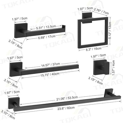 TQKAG 7-Pieces Matte Black Bathroom Hardware Accessories Set 23.6" SUS304 Stainless Steel Towel Bar Set Toilet Paper Spare Rolls Storage Holder Wall Mounted