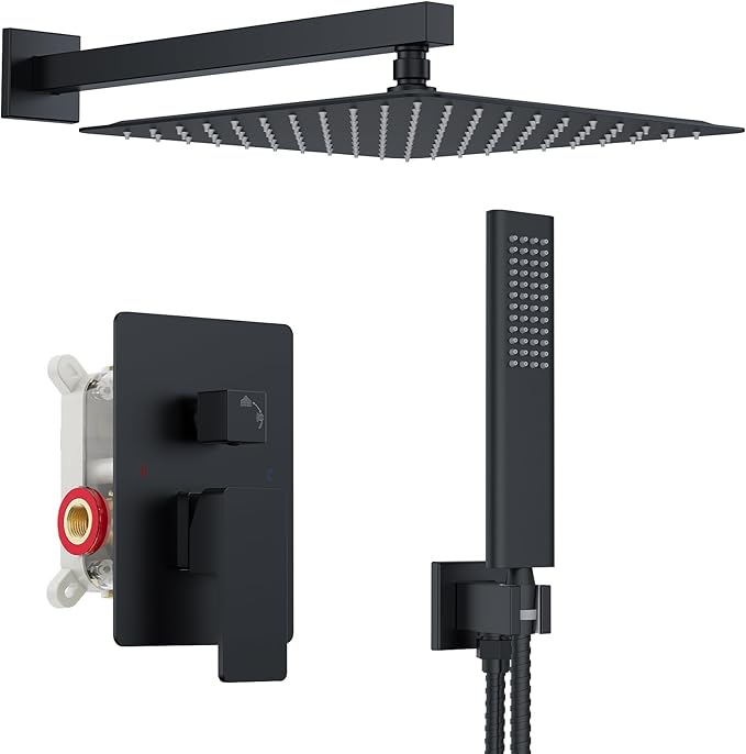 Iriber Shower Set with 12 Inch High Pressure Rain Shower Head and Handheld and Shower Faucet Mixer Valve Modern Shower System Including Pressure Balance Valve Shower Trim Kit for Bathroom,Matte Black