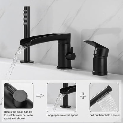 TapLong Waterfall Roman Tub Faucet with Hand Shower, Widespread Deck Mount Bathtub Faucet with Sprayer, Single-Handle 3-Holes Bathtub Shower Faucet Set in Matte Black, 03119B