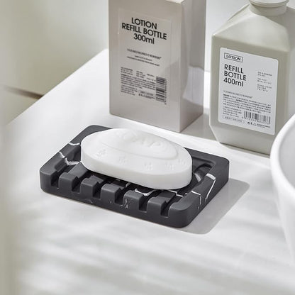 2PCS Self Draining Soap Dish - Marble Look Soap Holder Tray Savers Box Container Sponge Holder for Bathroom Shower Kitchen, Black