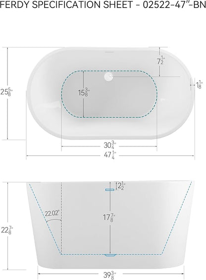 FerdY Shangri-La 47" Acrylic Freestanding Bathtub, Small Classic Oval Shape Acrylic Soaking Bathtub with White Drain & Minimalist Linear Design Overflow, Modern White, cUPC Certified