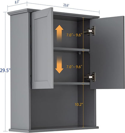 Grey Cabinet Wall Mounted with 2 Doors, Wooden Medicine Cabinet with Adjustable Shelf, 23"x 29" Over Toilet Wall Hanging Cabinets for Bathroom Bedroom, Kitchen, Laundry Room