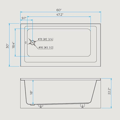 60x30 Inch Acrylic Bathtub, Single Apron Alcove Soaking Tub with Left-Side Overflow & Drain, Space-Saving Built-In Design, Easy Install for Modern Bathrooms