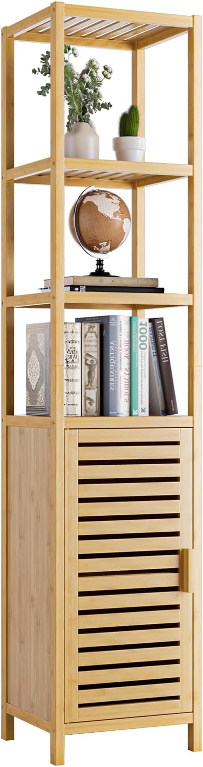 HITNET Bathroom Floor Cabinet, 6 Tier Tall Thin Linen Tower Storage Cabinet Free Standing Bamboo, Kitchen Side Organizer with 3 Shelves and Cupboard, Natural