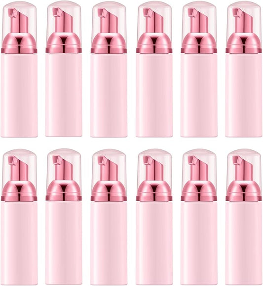 2 Oz Foam Pump Bottle (12PCS). Empty Foaming Soap Dispenser for Refillable Travel Liquid Hand Soap, Body Wash, Eyelash Shampoo. BPA Free Mini Pocket Size(Light Pink&Rose Red)