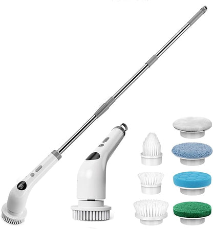 Qimedo Handheld Spin Scrubber with Extended Long Handle, Rechargeable Electric Scrubber for Cleaning, Cordless Power Dish Scrubber with 6 Brushes for Bathtub Grout Tile Floor