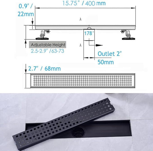 16 Inch Linear Bathroom Shower Rectangular Floor Drain,New Type with Removable Cover Grid Grate, Adjustable Leveling Feet Hair Strainer, SUS304 Stainless Steel,Black