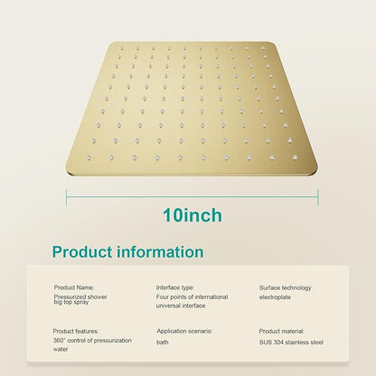 Square Rain Shower Head, High Flow Stainless Steel,Work with any decorative style，All Metal Rainfall Shower Head (Brushed Gold, 10)