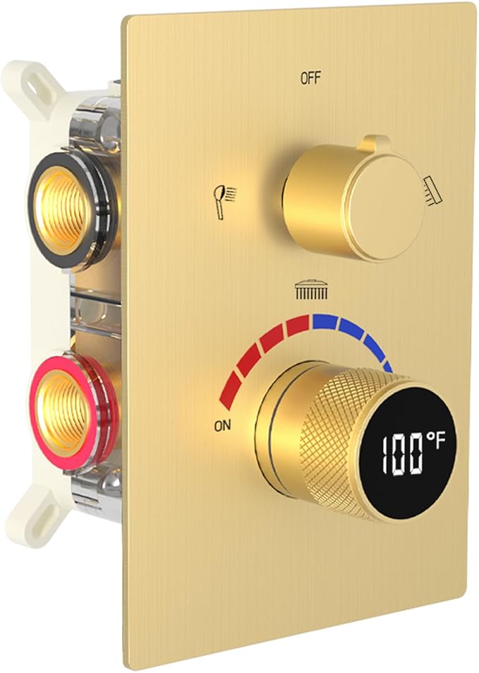 Digital Shower Valve 3 Way Diverter Temperature Display Shower Mixer 3-Function Brass Rough-in and Rectangle Brushed Gold Trim Kit