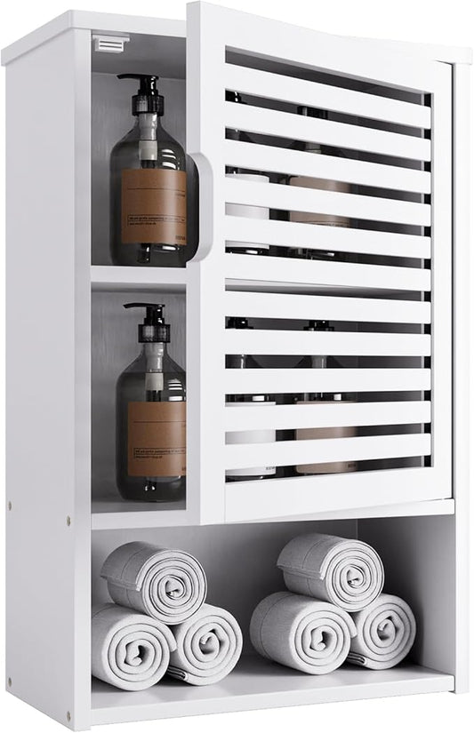 HITNET Bathroom Cabinet Over Toilet, White Medicine Cabinet, Hanging Cupboard with Single Door and Open Bottom Shelf, Wall Mounted Bamboo Storage Organizer