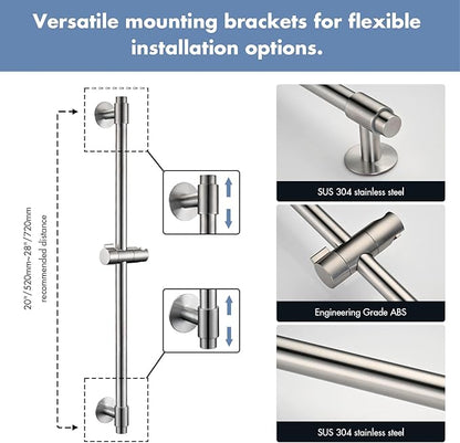 Adjustable Shower Slide Bar with 5-Function Handheld Shower Head, Stainless Steel Drill-free Mounted Slide Bar Combo with Extra Hose (Brushed Nickel)