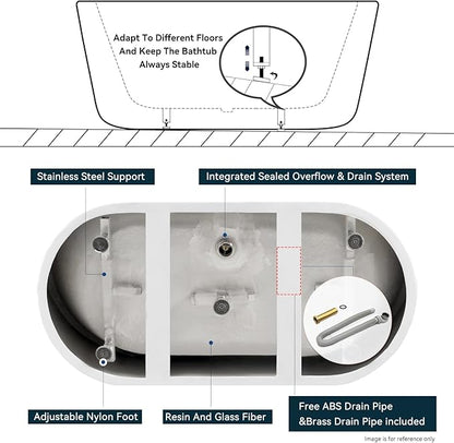 FerdY 55" Bali Acrylic Freestanding Bathtub, Gracefully Shaped Freestanding Soaking Bathtub, cUPC Certified, Toe-Tap Matte Black Drain